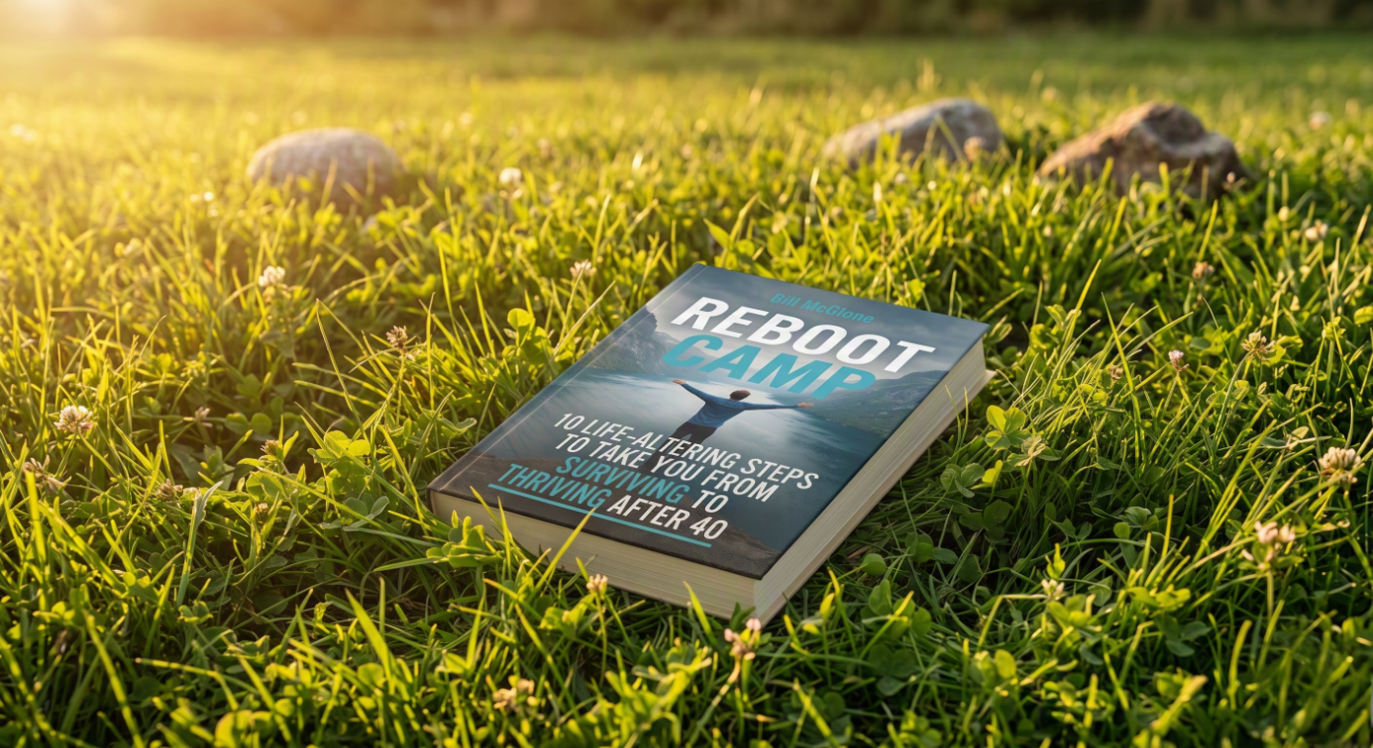 Reboot Camp ebook lying on grass in sunlight
